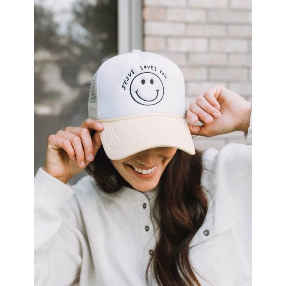 Janessa Wait Jesus Loves You Trucker Hat Smiley Face White Tan Mesh Snapback